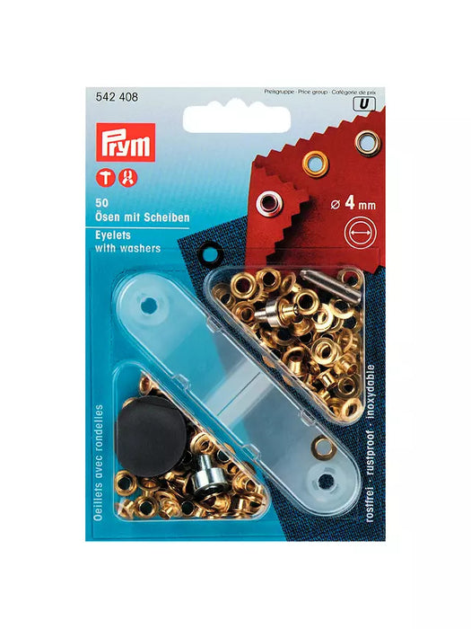 Prym Eyelets with Washers, 4mm, Pack of 50, Gold