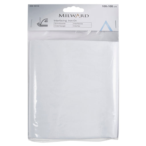 A package of MILWARD Interfacing Iron-On sheets, 100x100 cm, shown in clear plastic packaging with a white header card.