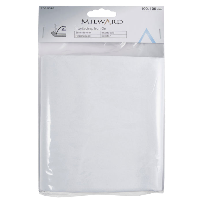 A package of MILWARD Interfacing Iron-On sheets, 100x100 cm, shown in clear plastic packaging with a white header card.