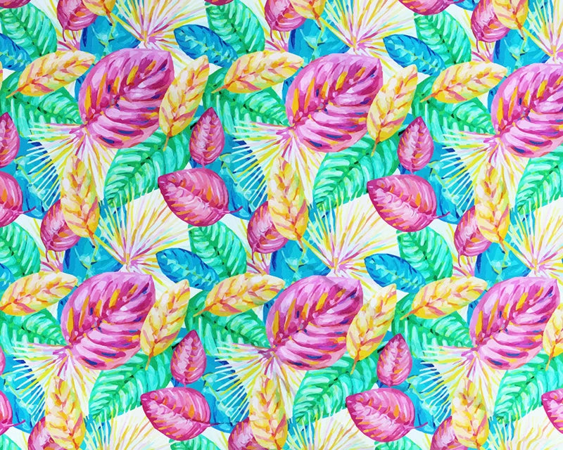 Colorful tropical leaf pattern on a fabric background