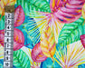 Colorful tropical leaf pattern with a ruler for scale on a multicolored background