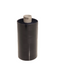 Black cylindrical object with a white label on a white background