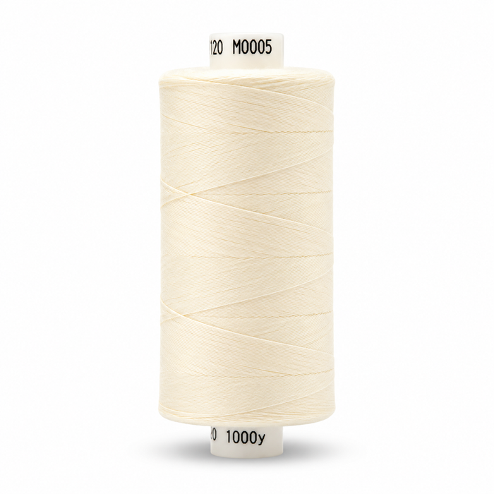 A spool of cream-colored sewing thread with white plastic end caps, featuring printed black text '20 M0005' on the top cap and '1000y' on the bottom cap, set against a plain white background.