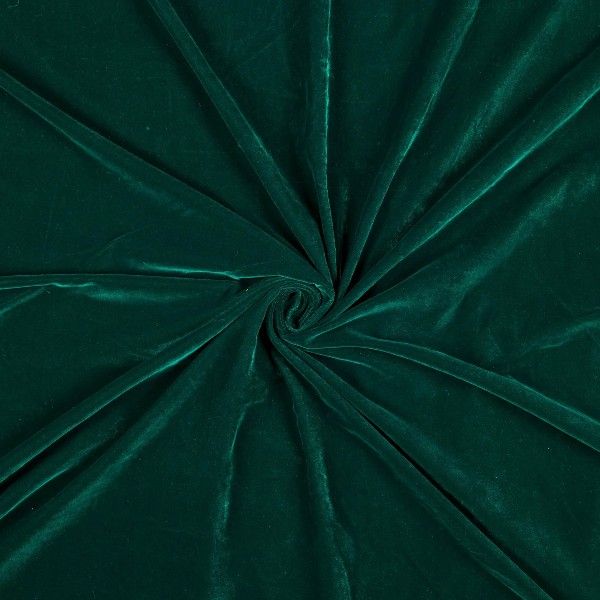 Close-up of teal green velvet fabric in a swirl pattern