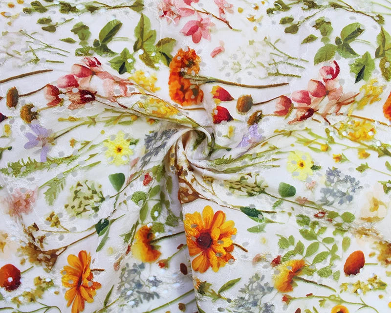 Floral fabric with colorful flowers on a white background