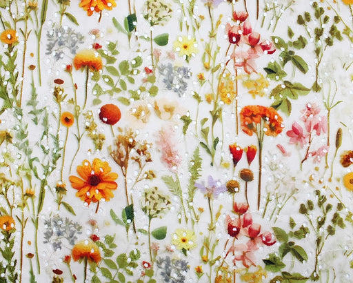 Colorful floral pattern with various flowers on a white background