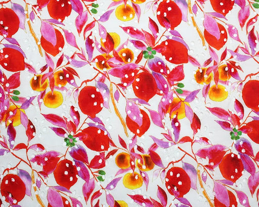 Colorful floral pattern with red flowers and pink leaves on a white background