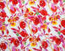 Colorful floral pattern with red flowers and pink leaves on a white background
