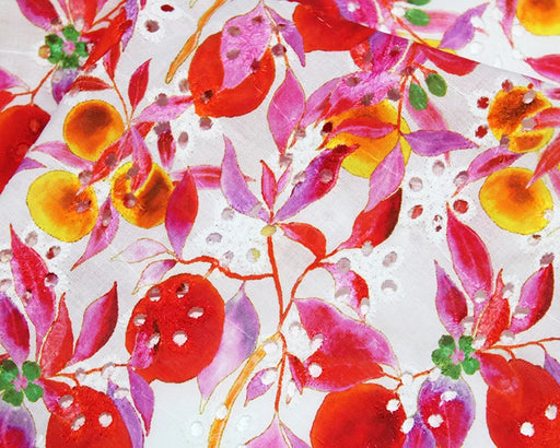 Colorful floral pattern with red, pink, and yellow flowers on a white background