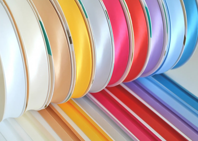 Assorted colorful ribbons in a row on a white background