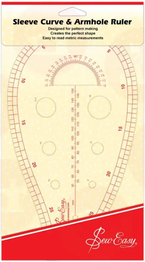 Sleeve Curve & Armhole Ruler by Sew Easy on a beige background with red border