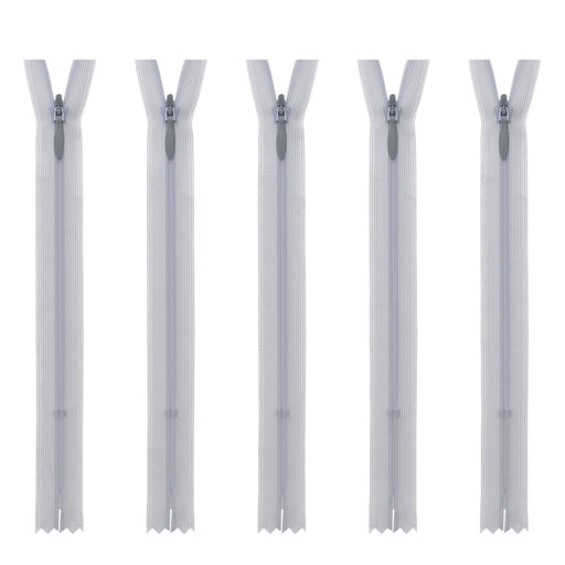 Five white plastic zipper pulls arranged vertically in a row on a plain white background.