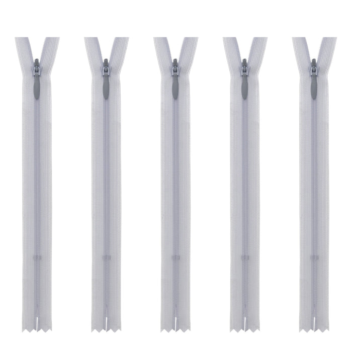 Five white plastic zipper pulls arranged vertically in a row on a plain white background.