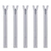 Five white plastic zipper pulls arranged vertically in a row on a plain white background.