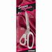 Janome XS31L 8 1/2 inch left-hand sewing scissors in silver stainless steel with white handles, shown in its original retail packaging featuring a magenta satin background.