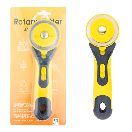 Yellow rotary cutter with black handle on a white background