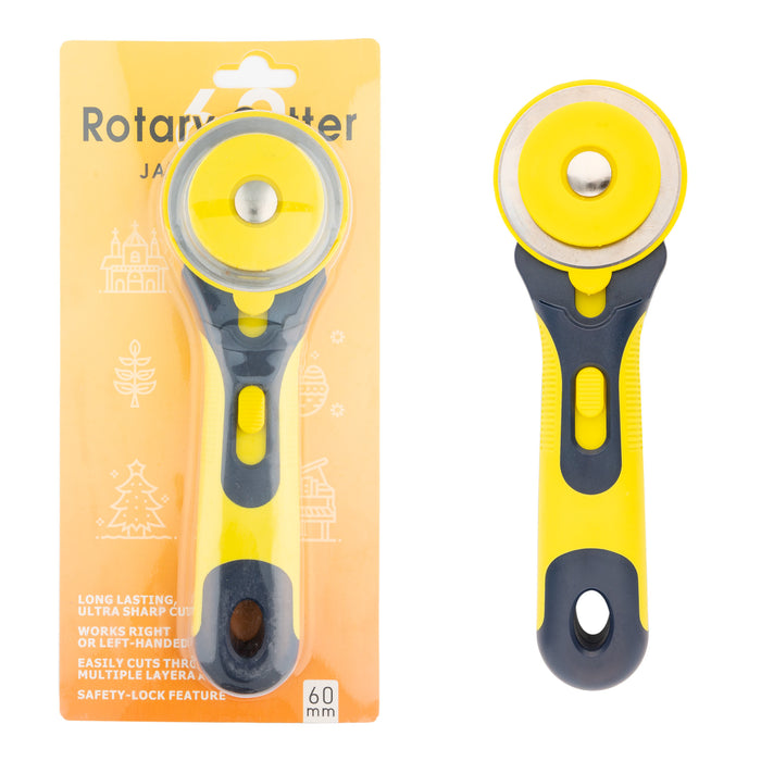 Yellow rotary cutter with black handle on a white background