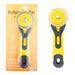 Yellow rotary cutter with black handle on a white background
