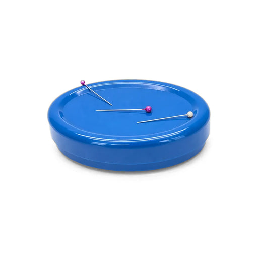 Blue round tray with pins on a white background