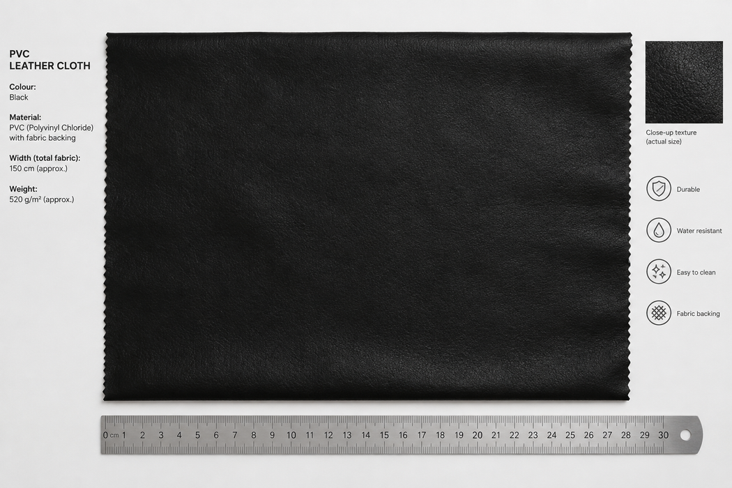 Scale swatch of FR Leathercloth - Black with ruler