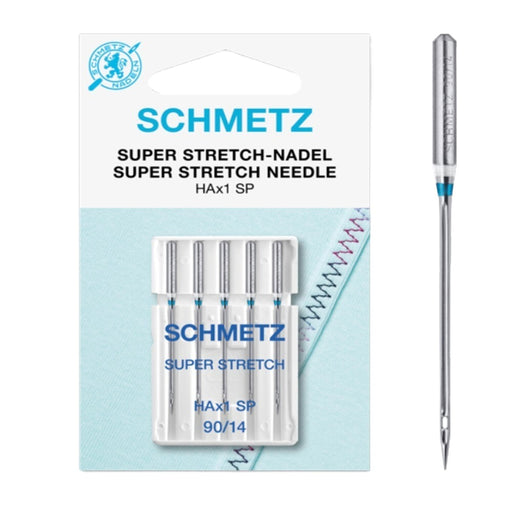Schmetz Super Stretch needle packaging with a needle on a white background