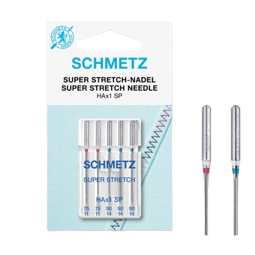 Schmetz Super Stretch needle packaging with needles displayed on a white background
